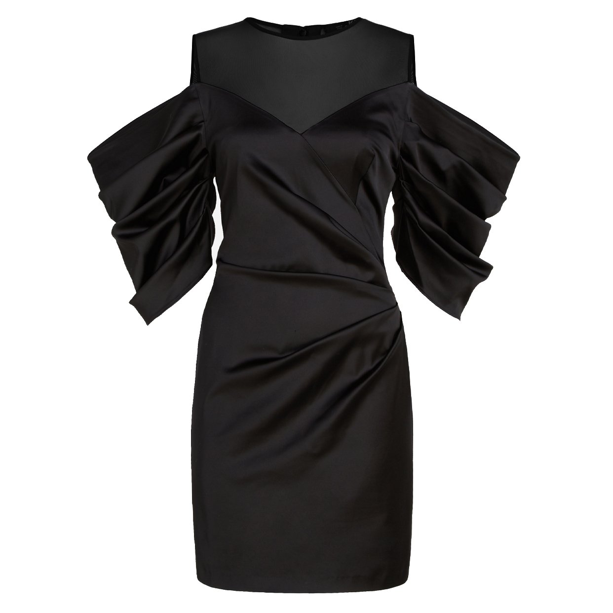 Volume Sleeve Satin Mini Dress -Black