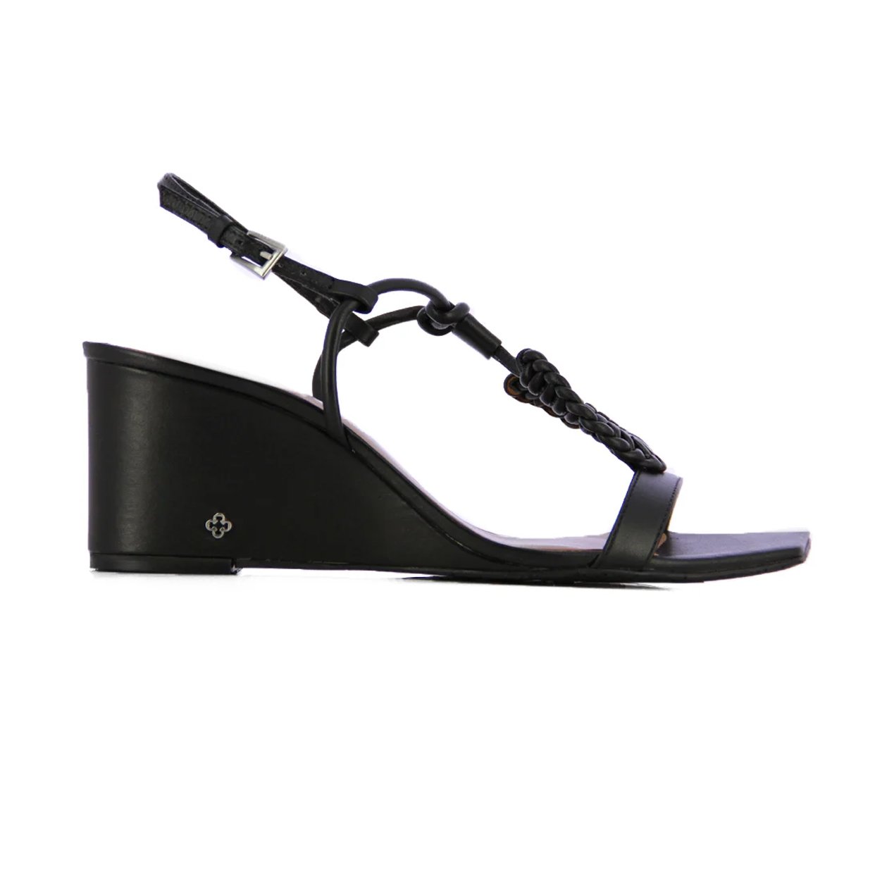 Leather Web Wedge Sandal -Black