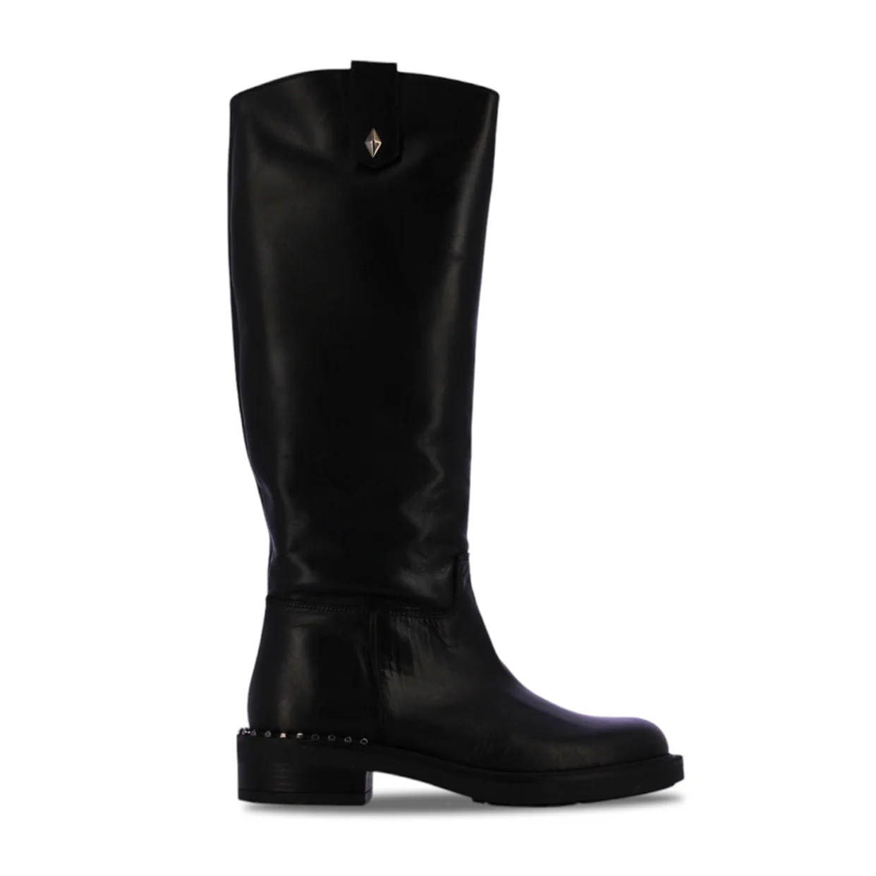 Flat Heel Leather Rider Boots -Black