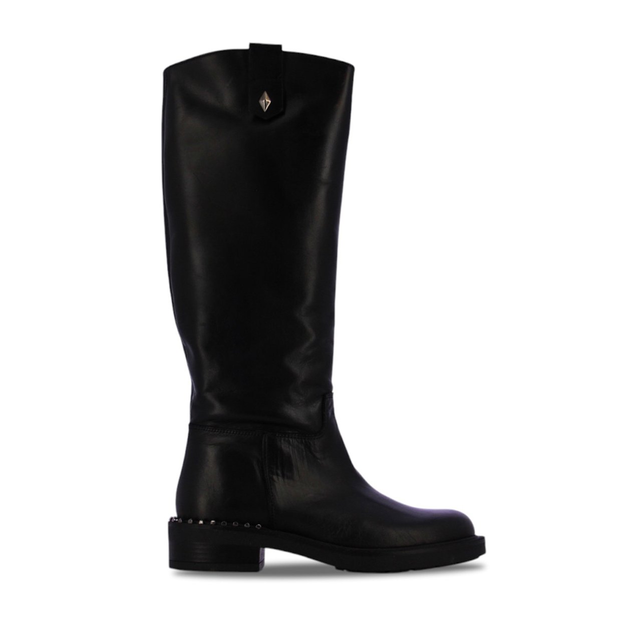 Flat Heel Leather Rider Boots -Black