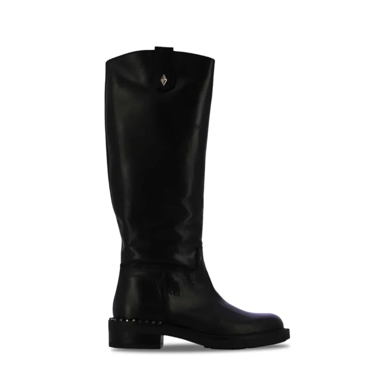 Flat Heel Leather Rider Boots -Black