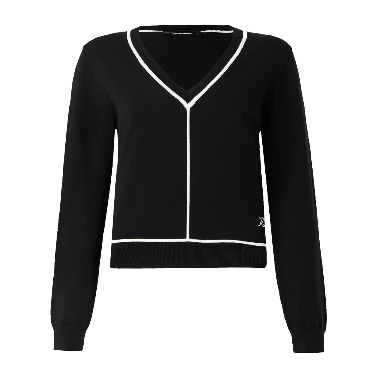 Contrast Piping V-Neck Sweater -Black