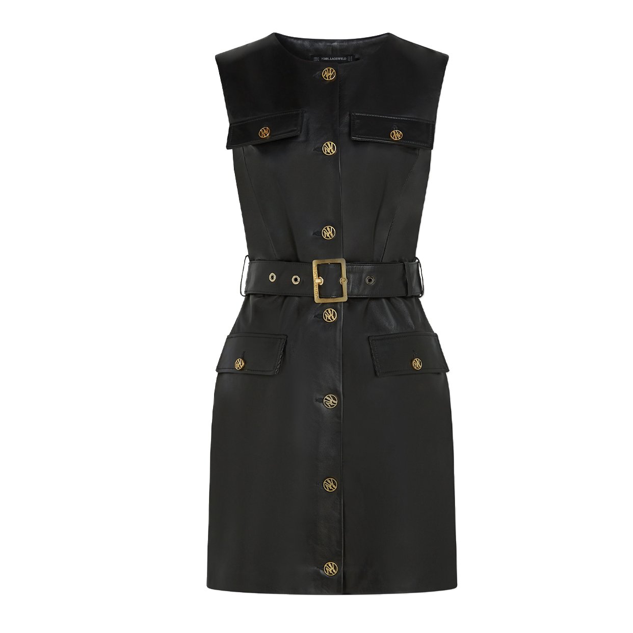 Button-Detail Leather Dress -Black