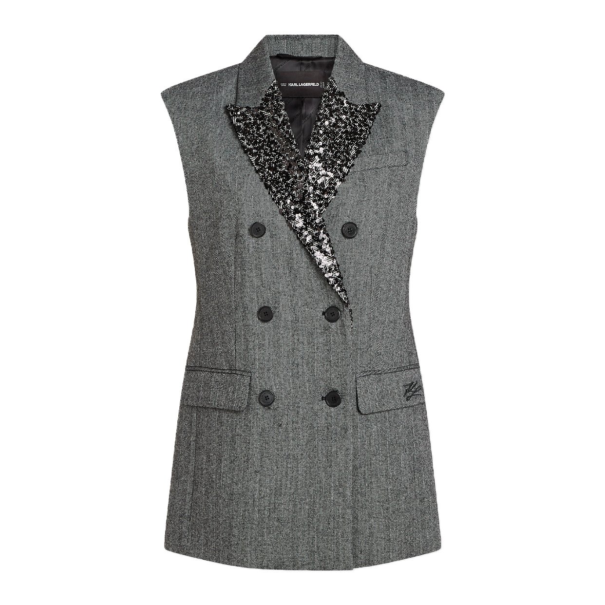 Sequin Lapel Tweed Gilet -Grey/Black