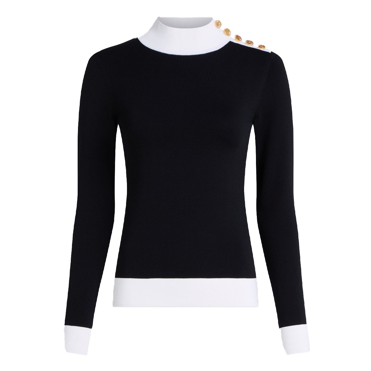 Button Detail Mock Neck Sweater -Black