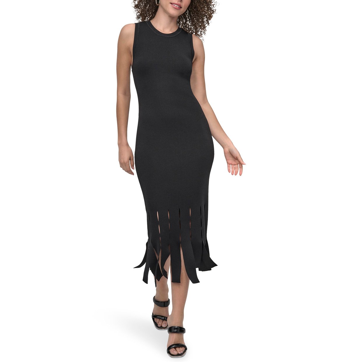 Sweater Dress With Fringe -Black