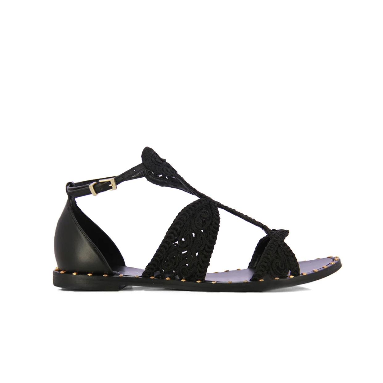 Raffia Flat Sandals -Black