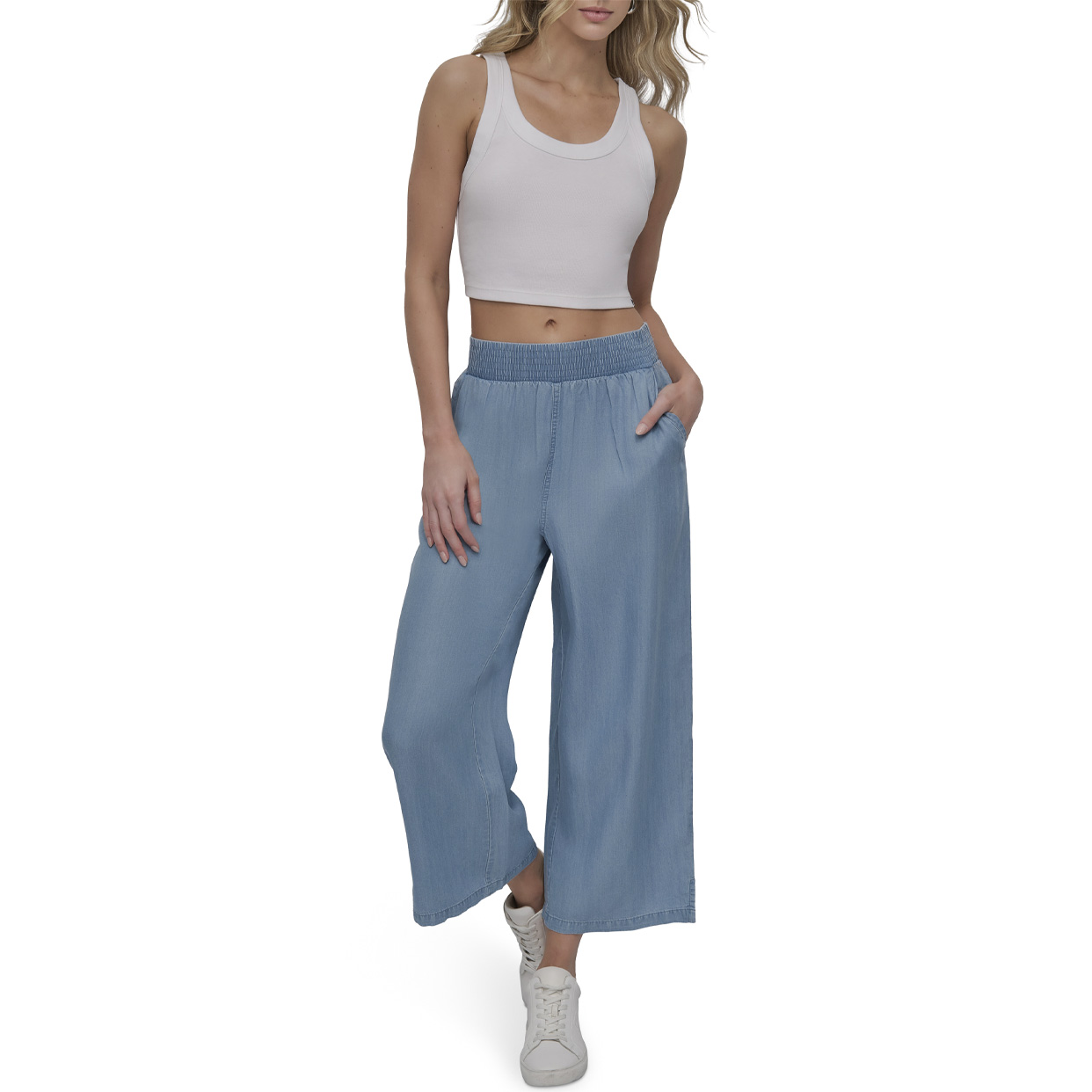 Garment Dye Wide Leg Ankle Pants -Blue