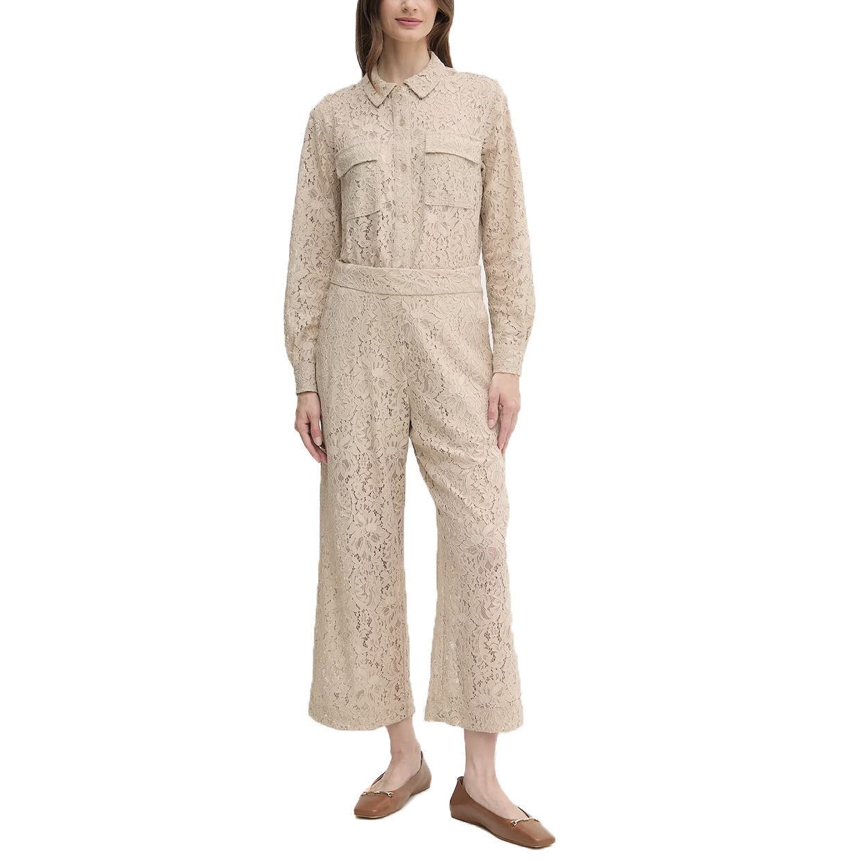 Lace High Wasit Straight Leg Pants -Beige