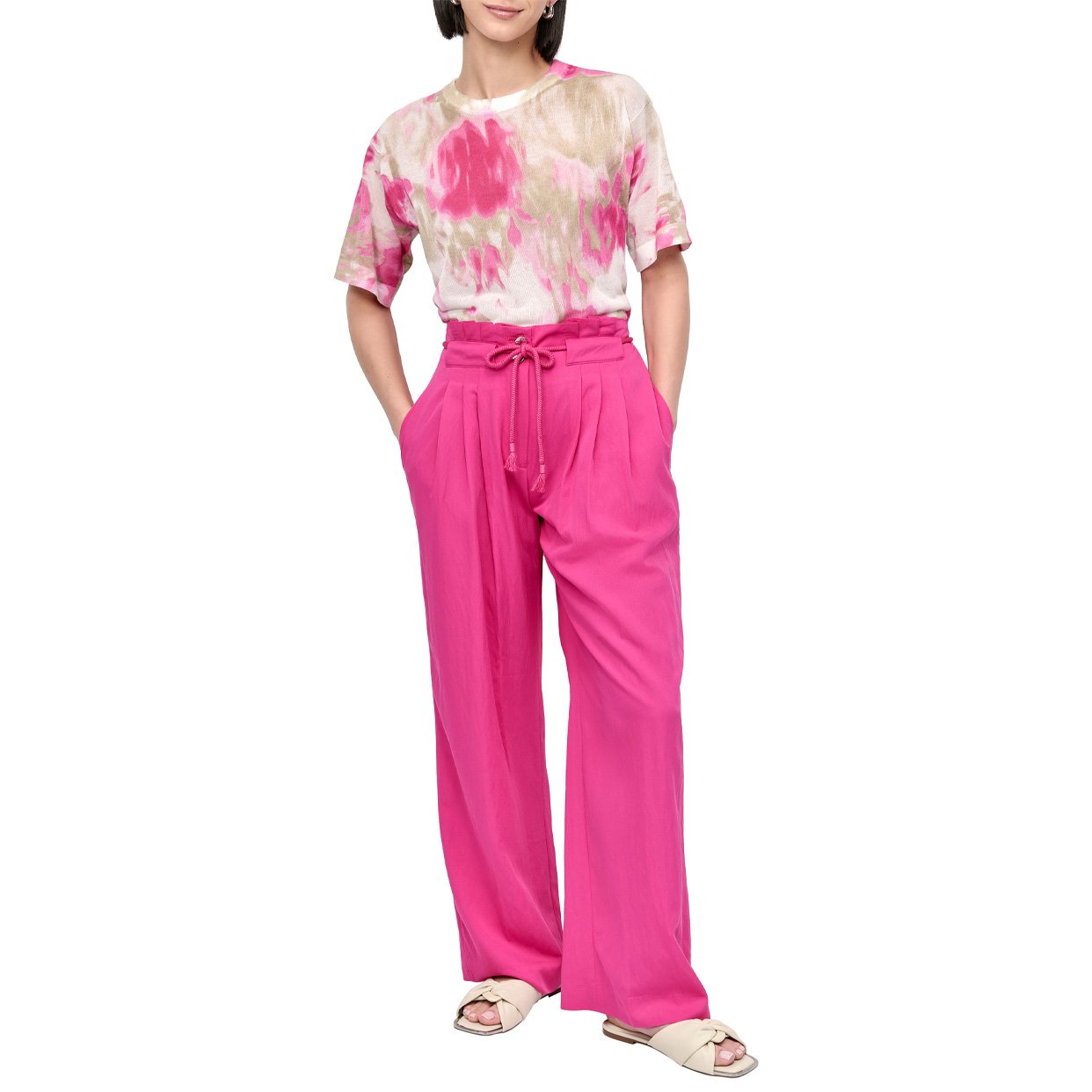 Rope Tie Front Wide Leg Trousers -Pink