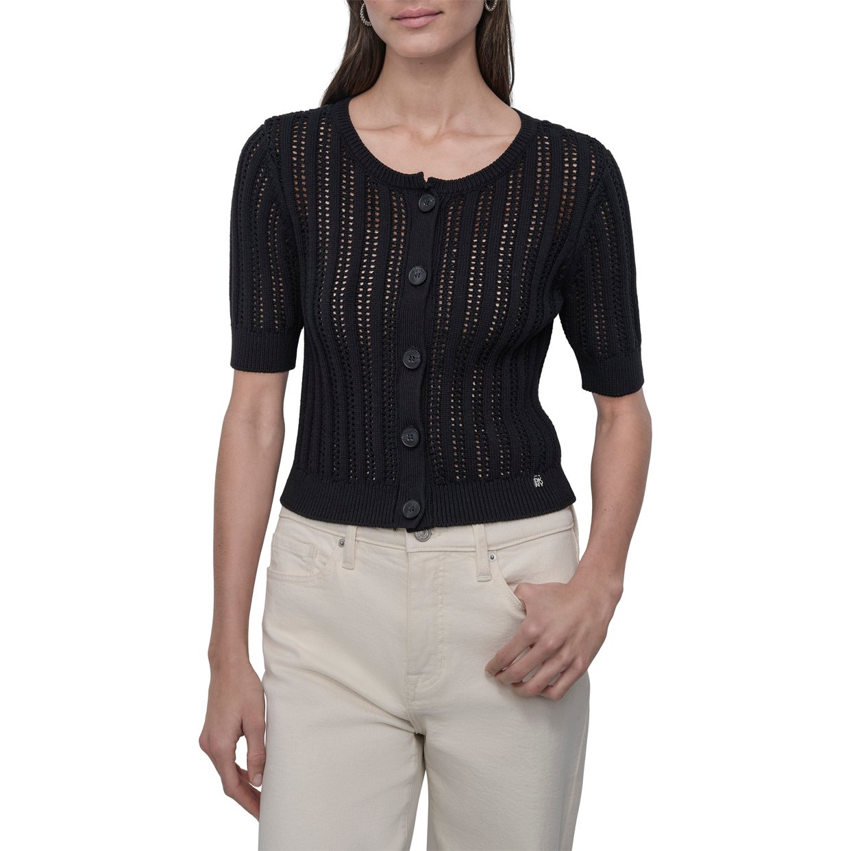 Crew Neck Short Sleeve Cardigan -Black