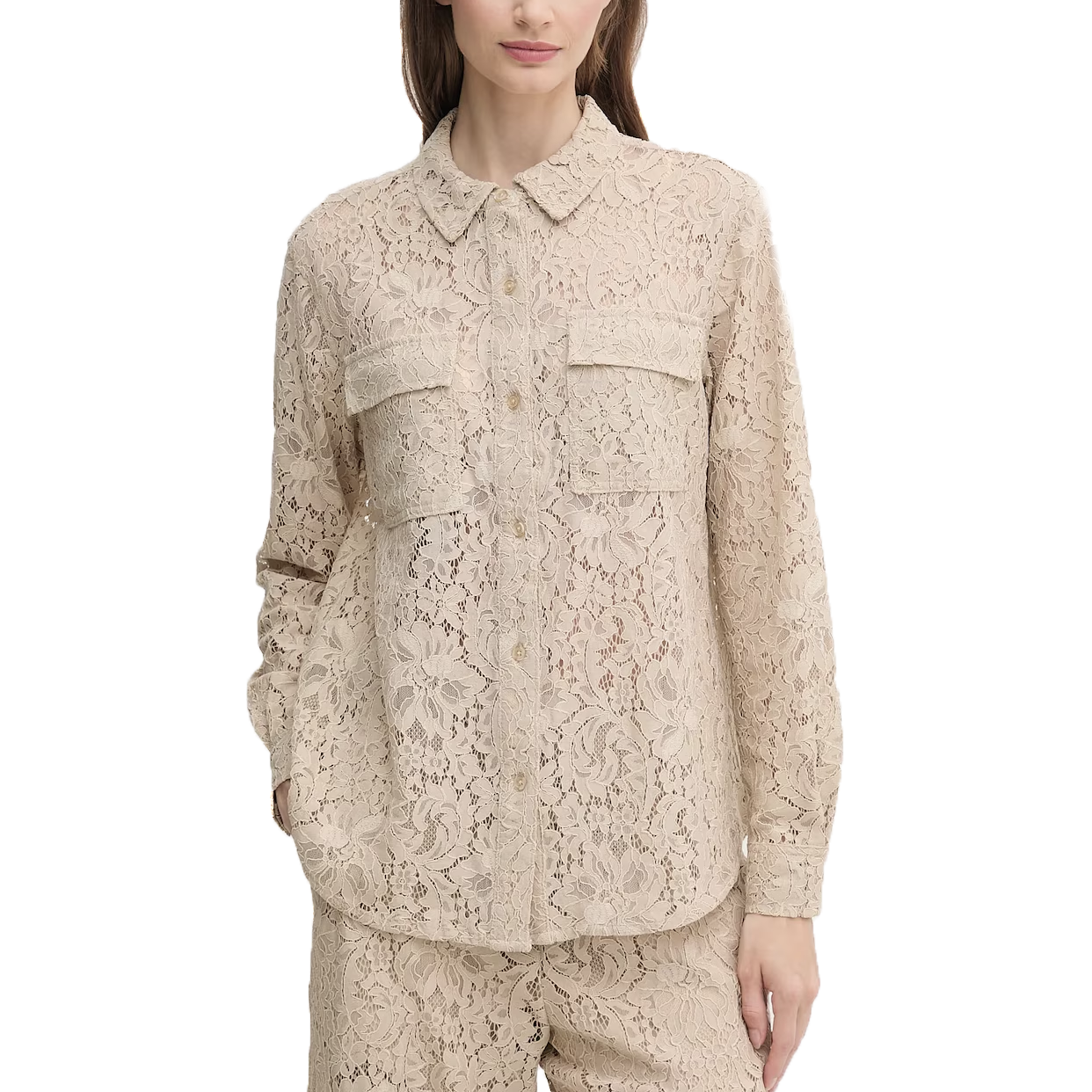Lace Long Sleeve Button Front Shirt -Beige