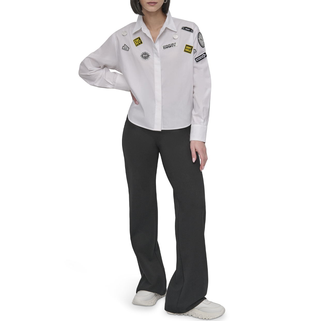 Long Sleeve Pins N Patches Poplin Shirt -White