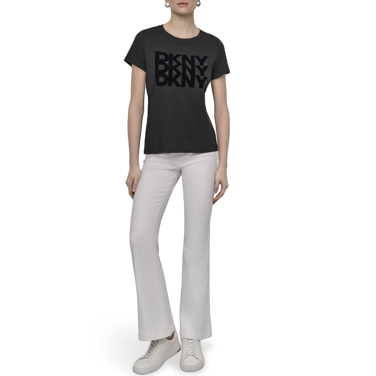Flocking Rhinestone Logo T-Shirt -Black