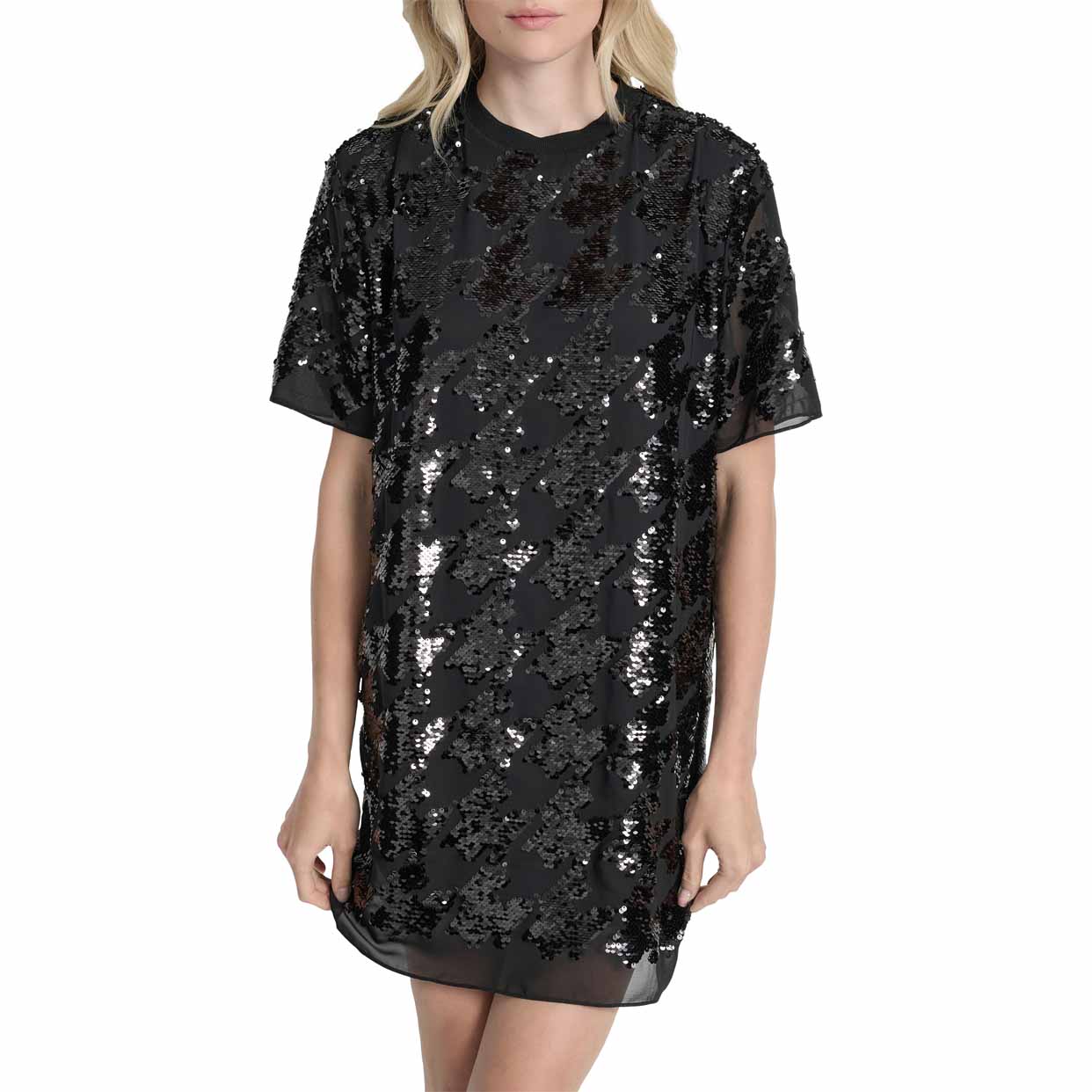 Short Sleeve Houndstooth Jewel Neck Tunic -Black - Image 3