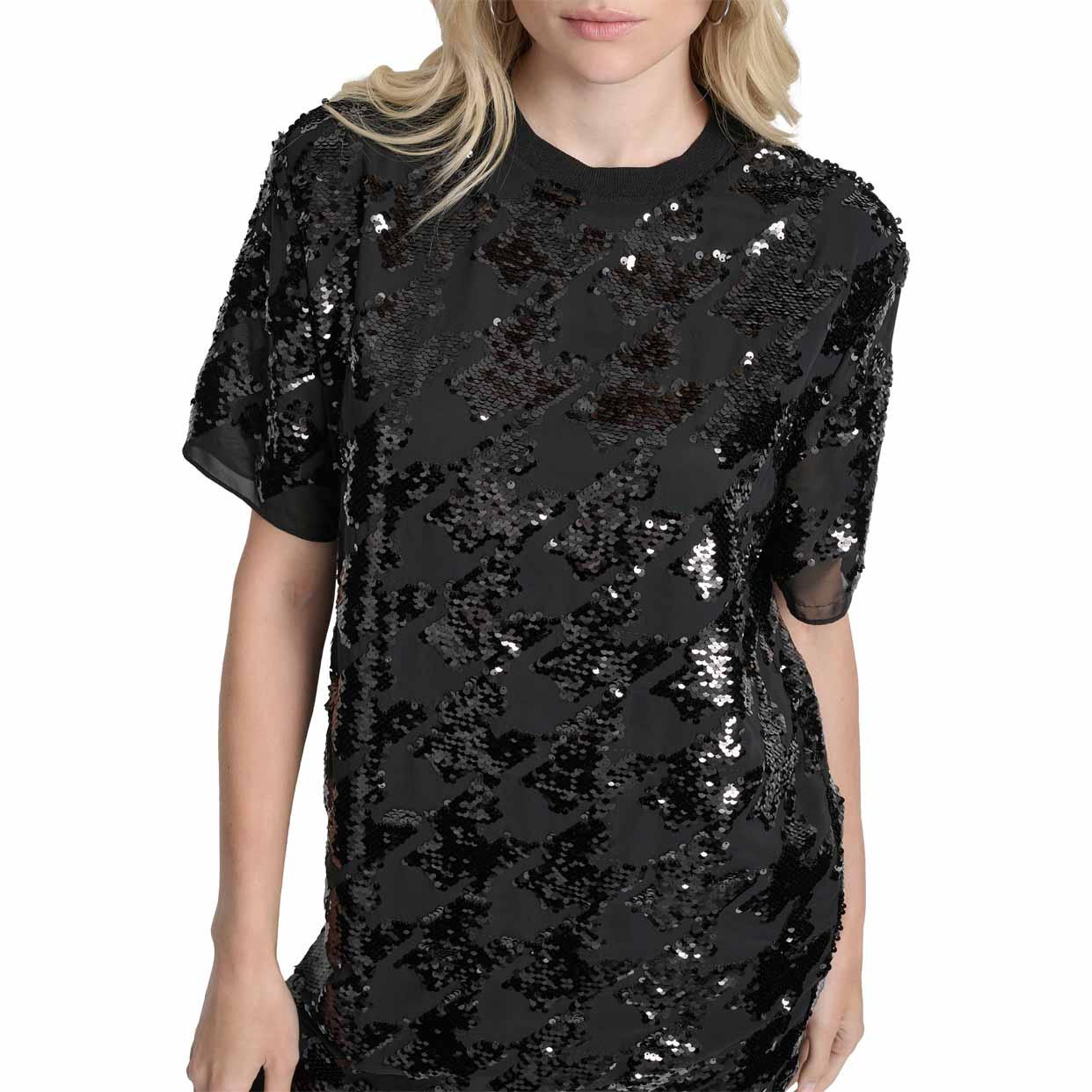 Short Sleeve Houndstooth Jewel Neck Tunic -Black - Image 4