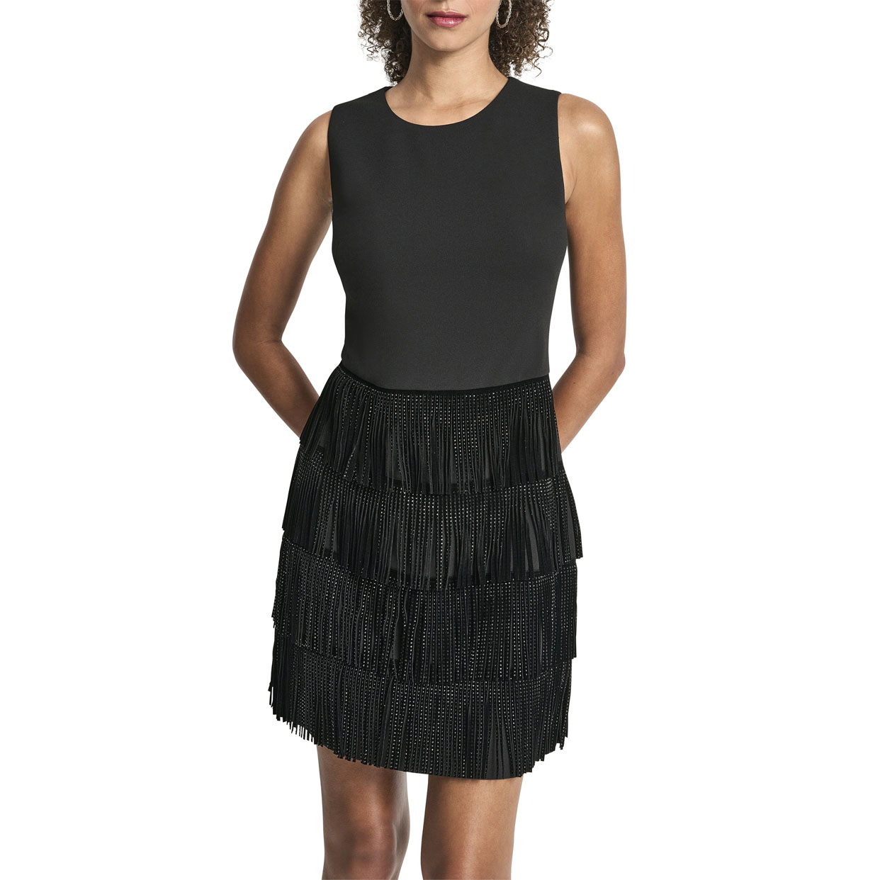 Sleeveless Shirt Dress With Tired Skirt -Black - Image 2