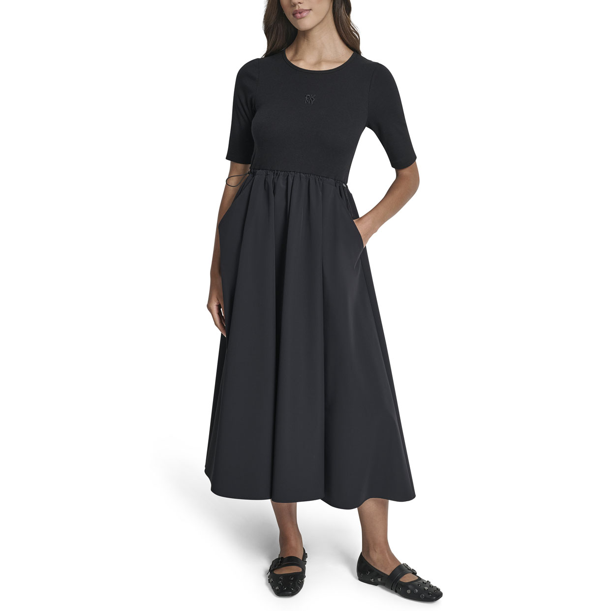Rib Tank Dress With Poplin Skirt -Black