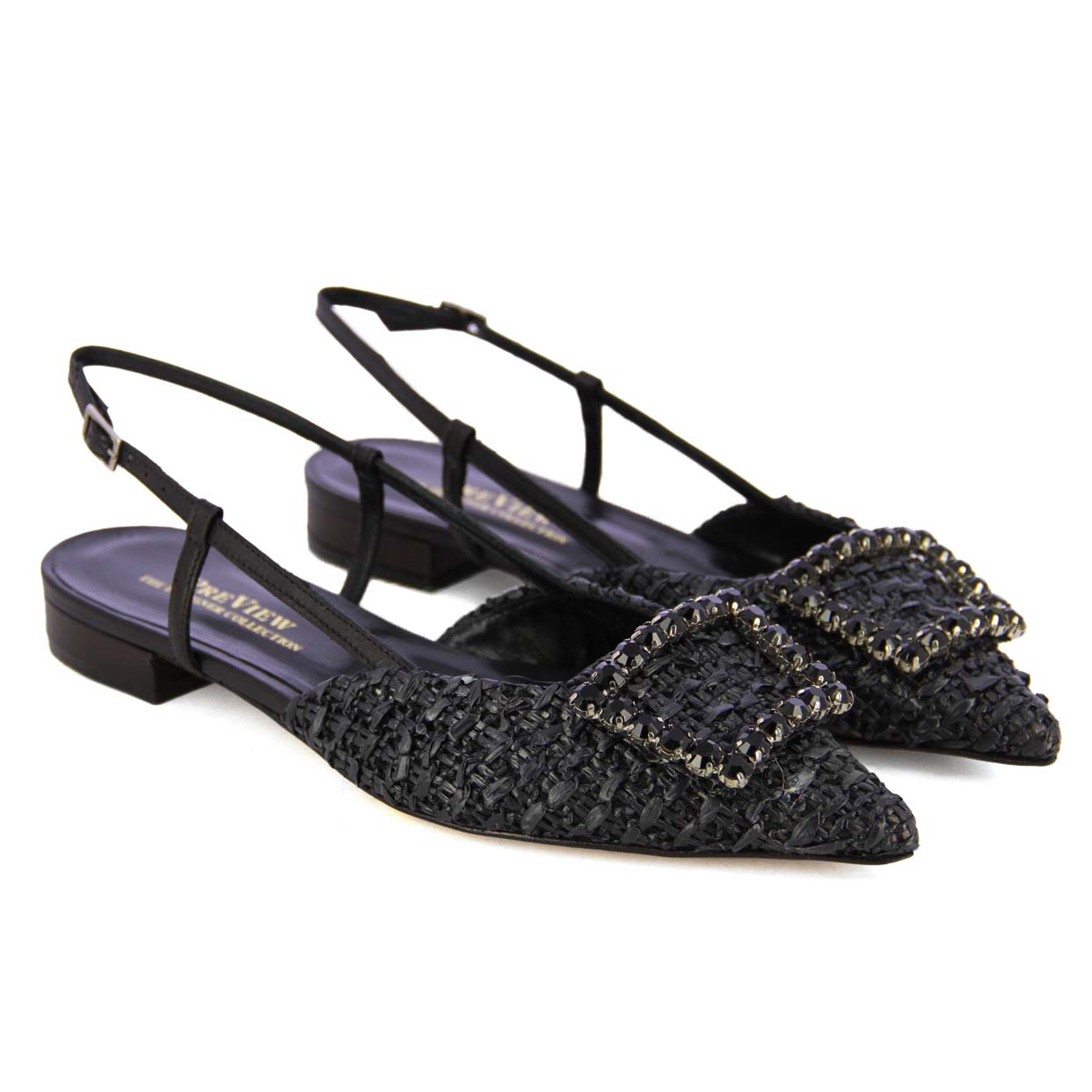 Raffia Jewel Slingback Flats -Black - Image 2