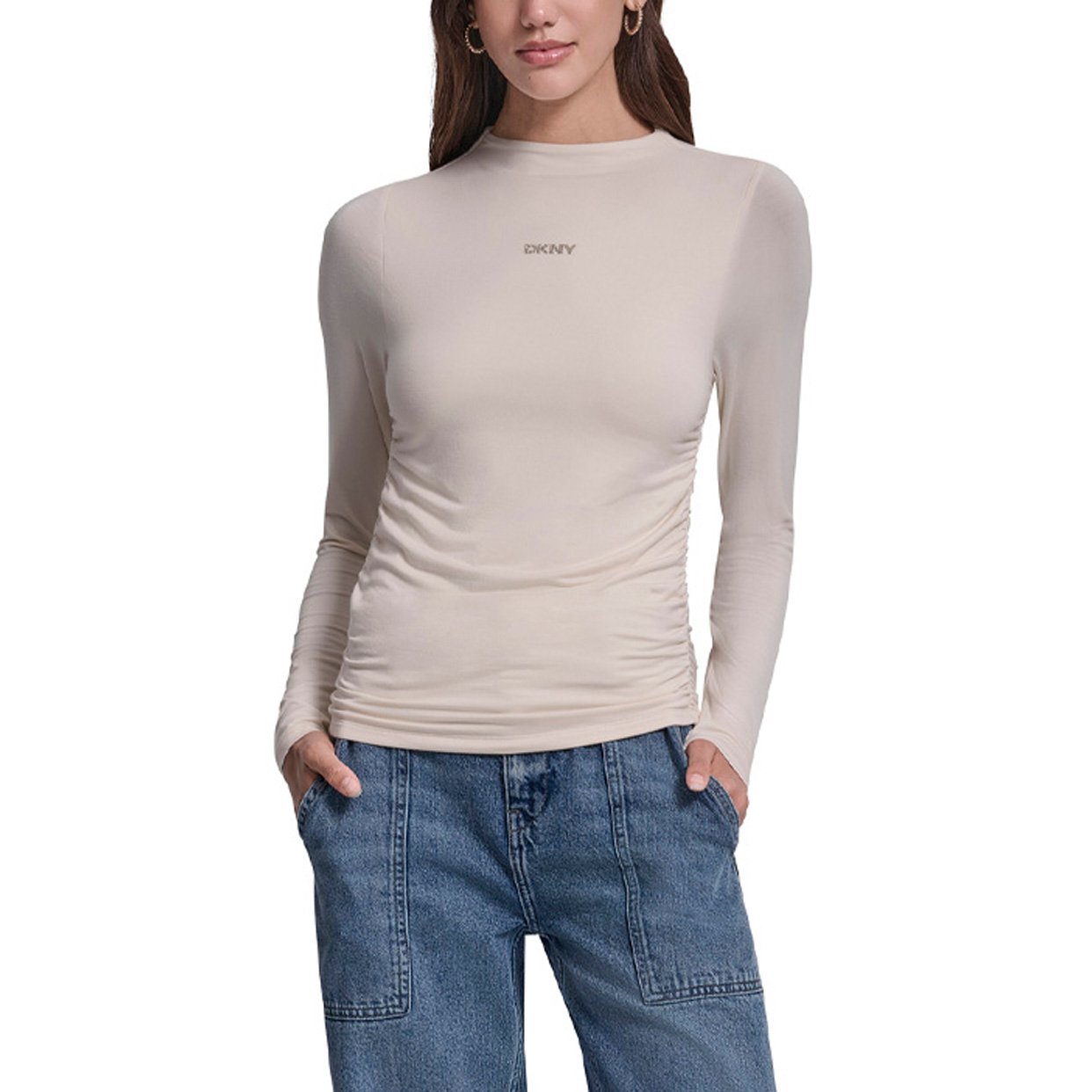 Side Ruched High Neck Long Sleeve Top With Rhinestones -Eggnog
