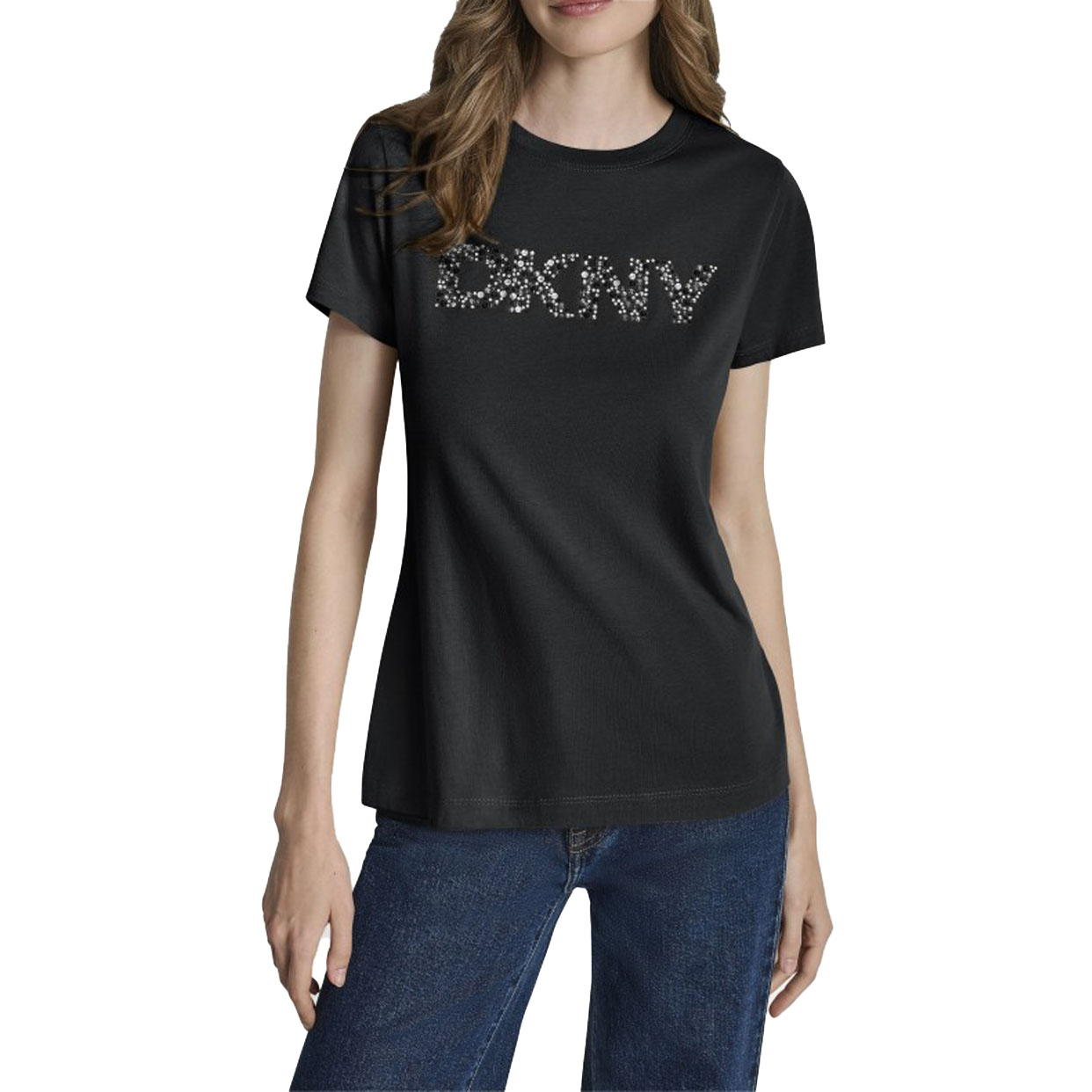 Embroidered Rhinestone Logo Tee -Black