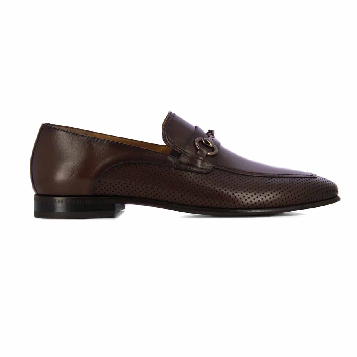 Leather Buckle Chain Loafer -Brown