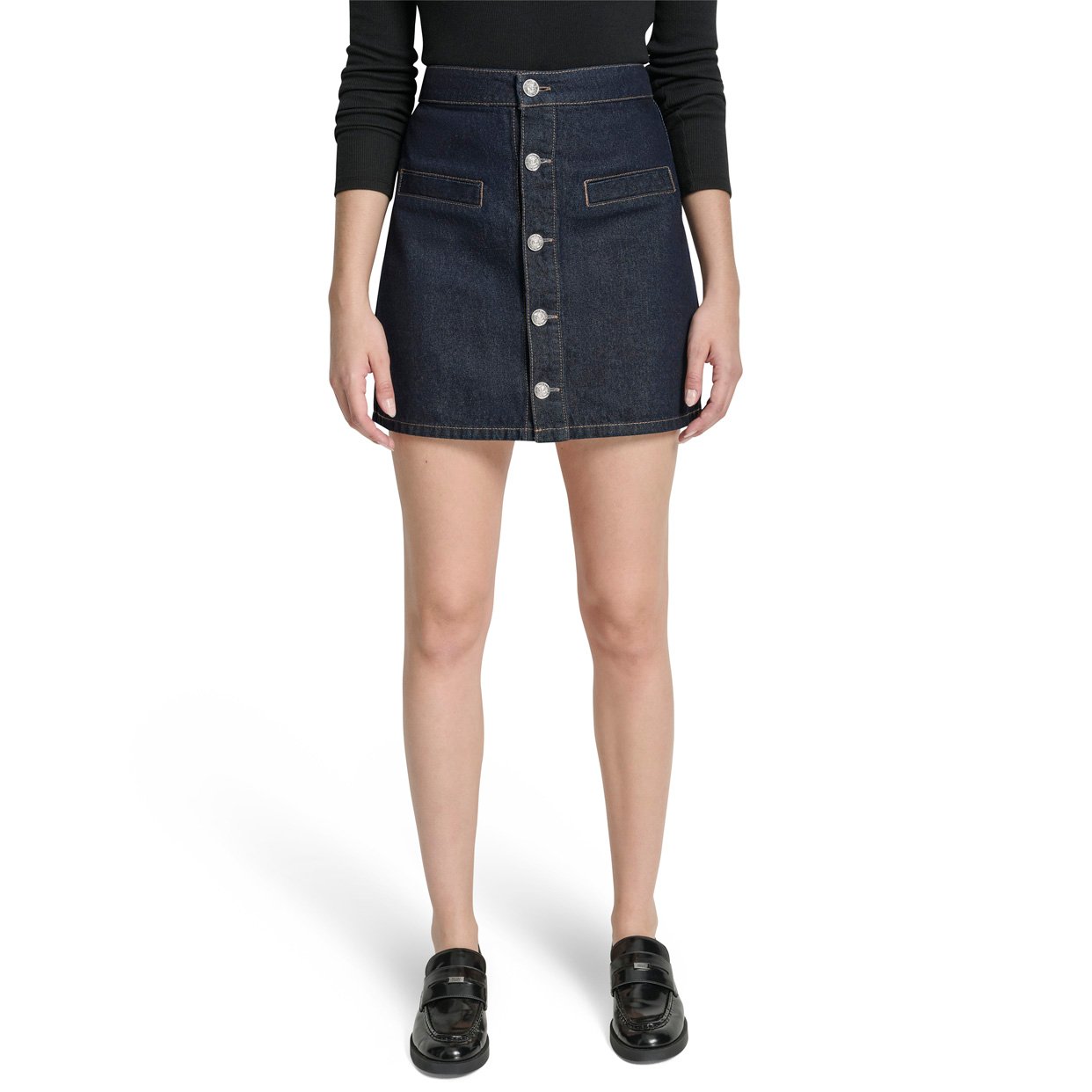 High Rise Button Front Mini Skirt -Black