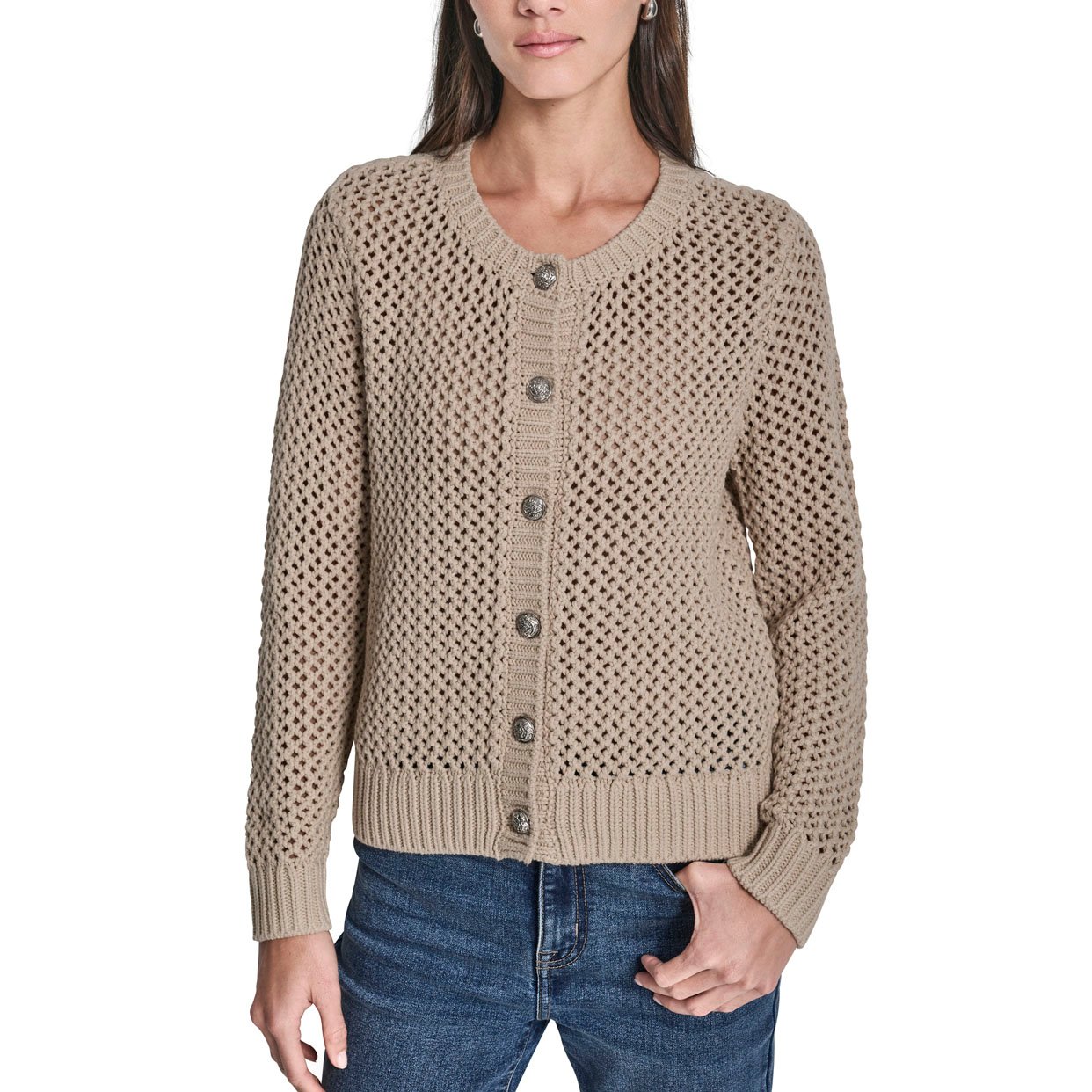 Textured Button Front Sweater -Silver