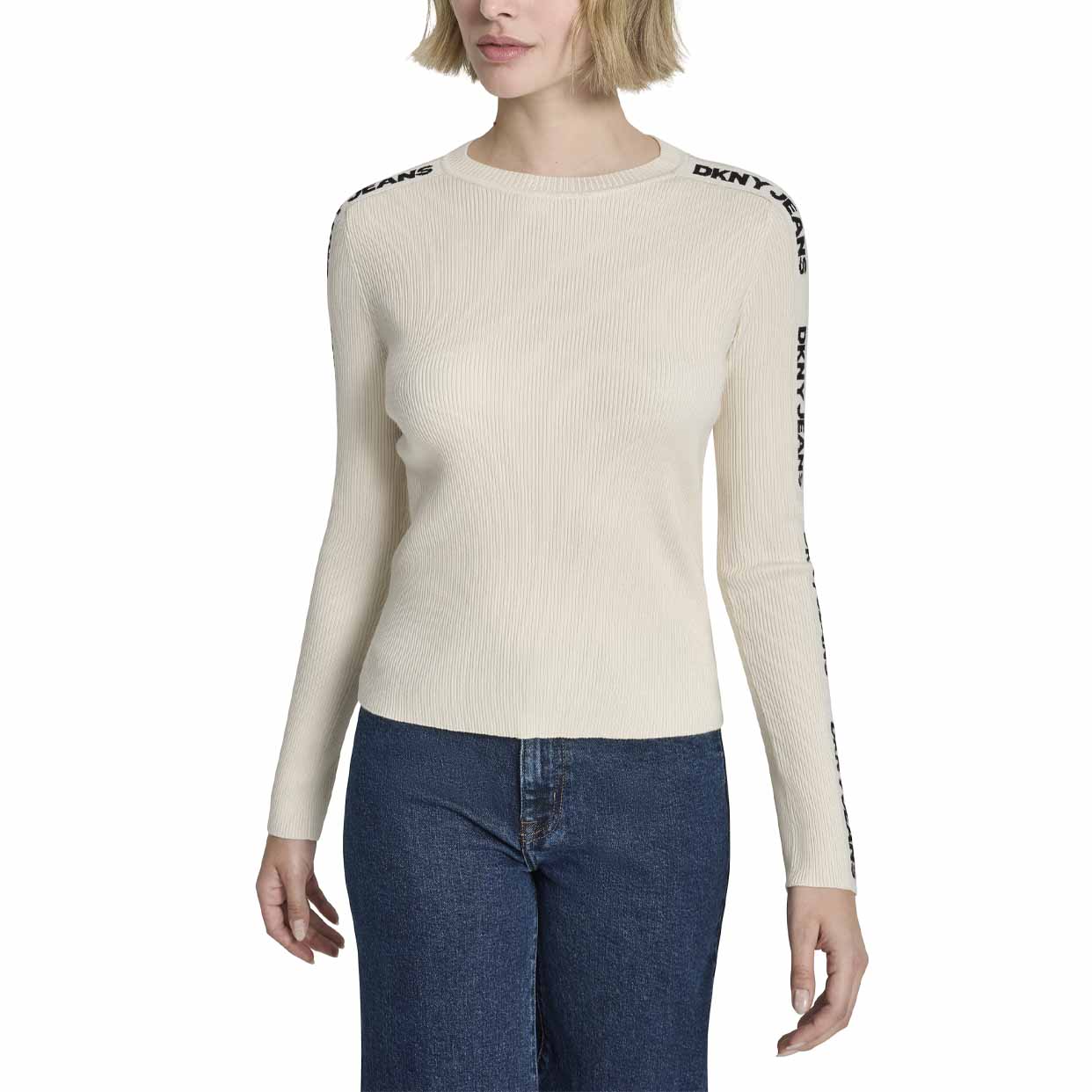 Long Sleeve Logo Trim Sweater -Eggnog