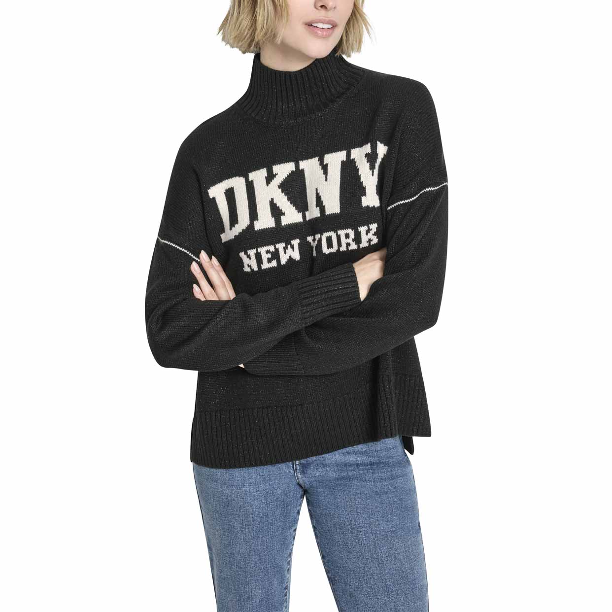 Logo Turtleneck High Low Sweater -Black/Eggnog